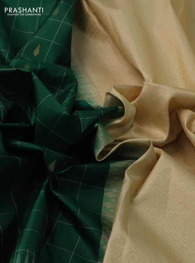 Pure kanchipuram silk saree green and sandal with allover checks & zari buttas and zari woven butta border