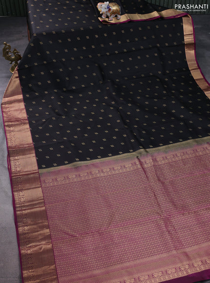 Pure kanchipuram silk saree black and purple with allover zari woven buttas and rich zari woven border