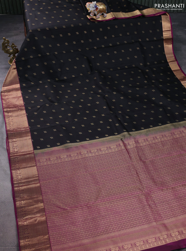 Pure kanchipuram silk saree black and purple with allover zari woven buttas and rich zari woven border