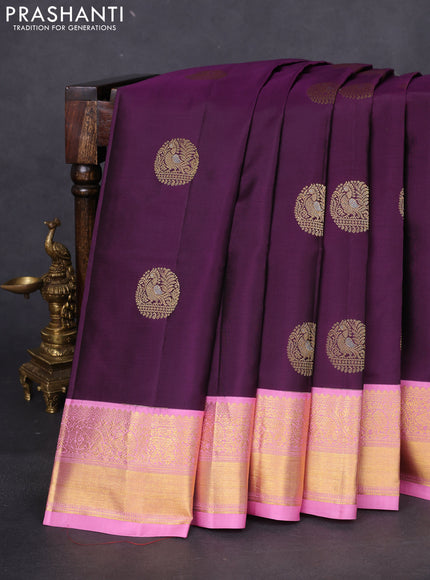 Pure kanchipuram silk saree deep purple and light pink with zari woven buttas and zari woven korvai border