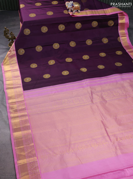 Pure kanchipuram silk saree deep purple and light pink with zari woven buttas and zari woven korvai border