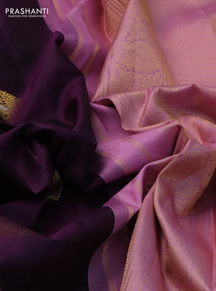 Pure kanchipuram silk saree deep purple and light pink with zari woven buttas and zari woven korvai border