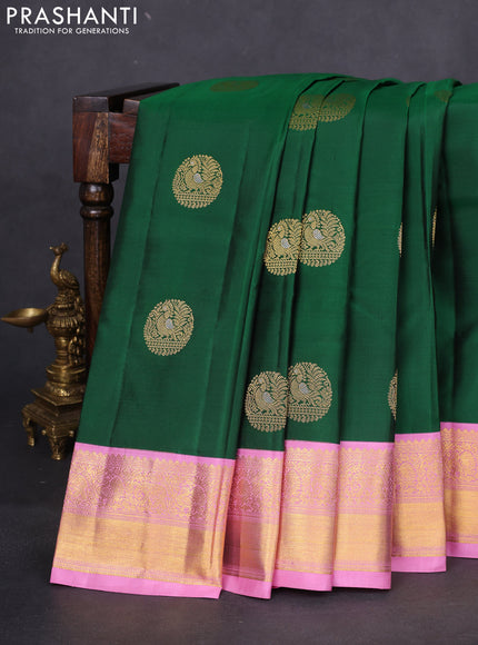 Pure kanchipuram silk saree green and light pink with zari woven buttas and zari woven korvai border