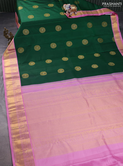 Pure kanchipuram silk saree green and light pink with zari woven buttas and zari woven korvai border