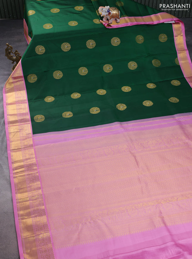 Pure kanchipuram silk saree green and light pink with zari woven buttas and zari woven korvai border