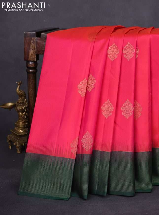 Pure kanchipuram silk saree dual shade of pink and bottle green with zari woven buttas and zari woven border