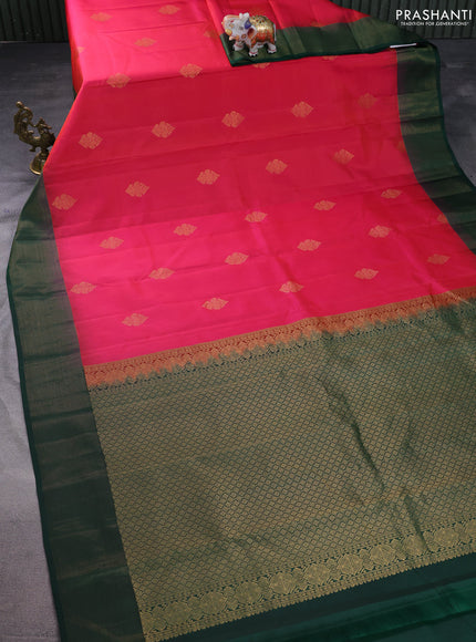 Pure kanchipuram silk saree dual shade of pink and bottle green with zari woven buttas and zari woven border