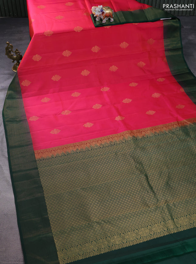 Pure kanchipuram silk saree dual shade of pink and bottle green with zari woven buttas and zari woven border