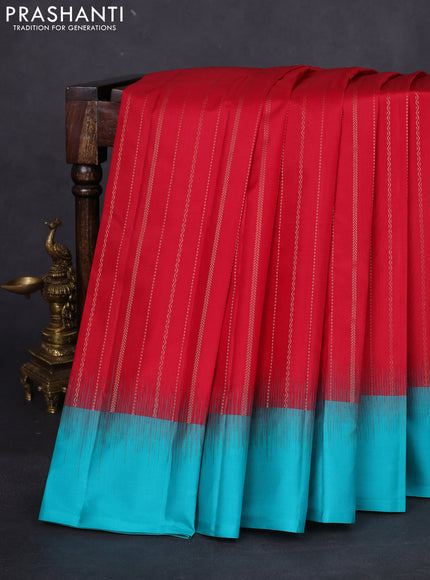 Pure kanchipuram silk saree red and teal blue with allover zari weaves and simple border
