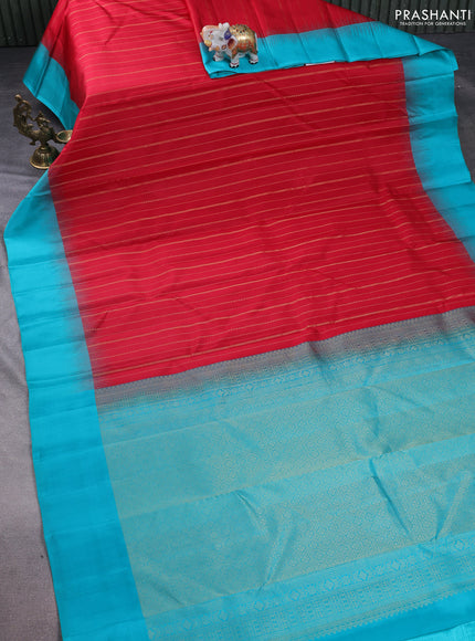 Pure kanchipuram silk saree red and teal blue with allover zari weaves and simple border