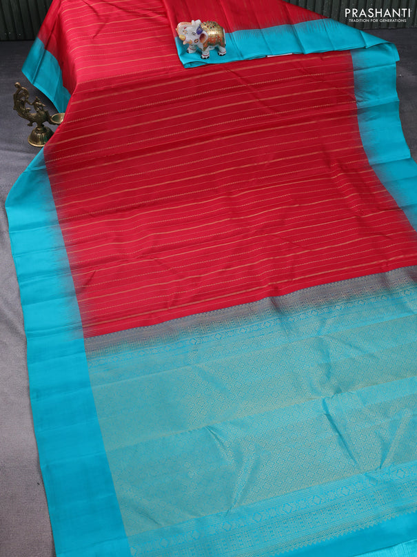 Pure kanchipuram silk saree red and teal blue with allover zari weaves and simple border