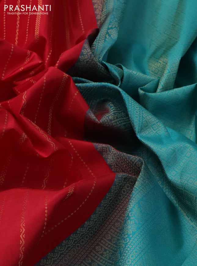 Pure kanchipuram silk saree red and teal blue with allover zari weaves and simple border