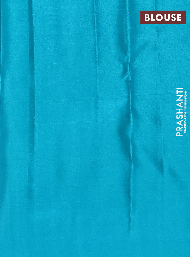 Pure kanchipuram silk saree red and teal blue with allover zari weaves and simple border