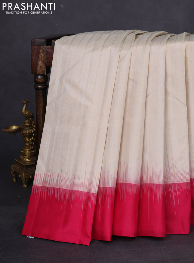 Pure kanchipuram silk saree cream and dark pink with allover zari weaves and simple border