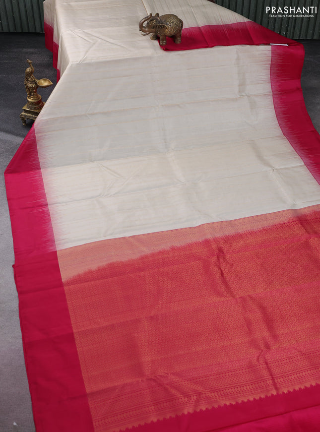 Pure kanchipuram silk saree cream and dark pink with allover zari weaves and simple border
