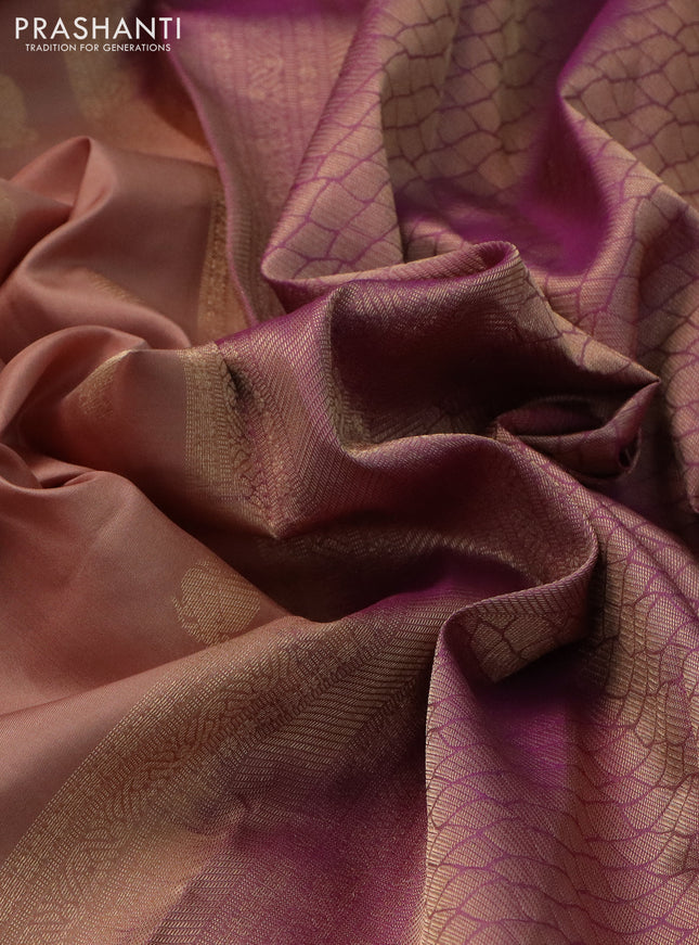 Pure kanchipuram silk saree sandal and dual shade of purple with zari woven buttas and long rettapet zari woven border