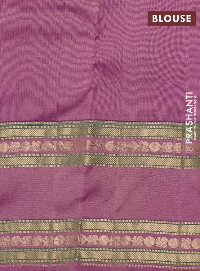 Pure kanchipuram silk saree sandal and dual shade of purple with zari woven buttas and long rettapet zari woven border