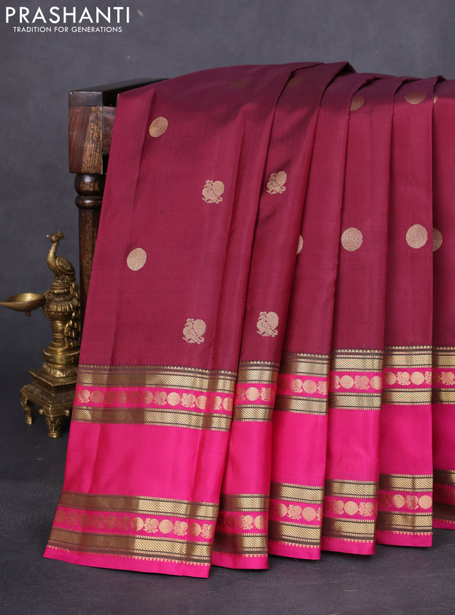 Pure kanchipuram silk saree maroon and pink with zari woven buttas and long rettapet zari woven border