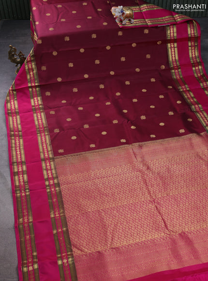 Pure kanchipuram silk saree maroon and pink with zari woven buttas and long rettapet zari woven border