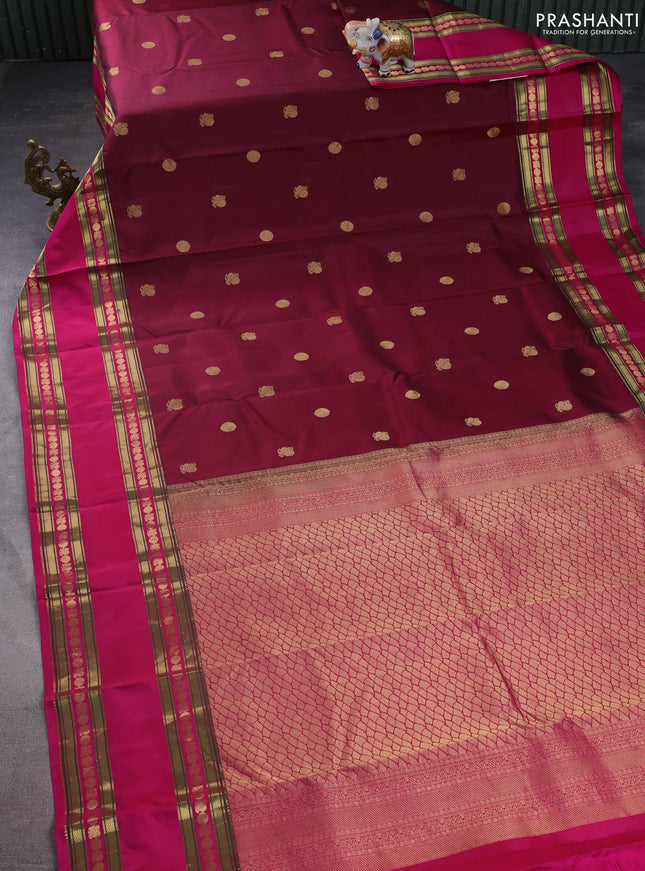 Pure kanchipuram silk saree maroon and pink with zari woven buttas and long rettapet zari woven border