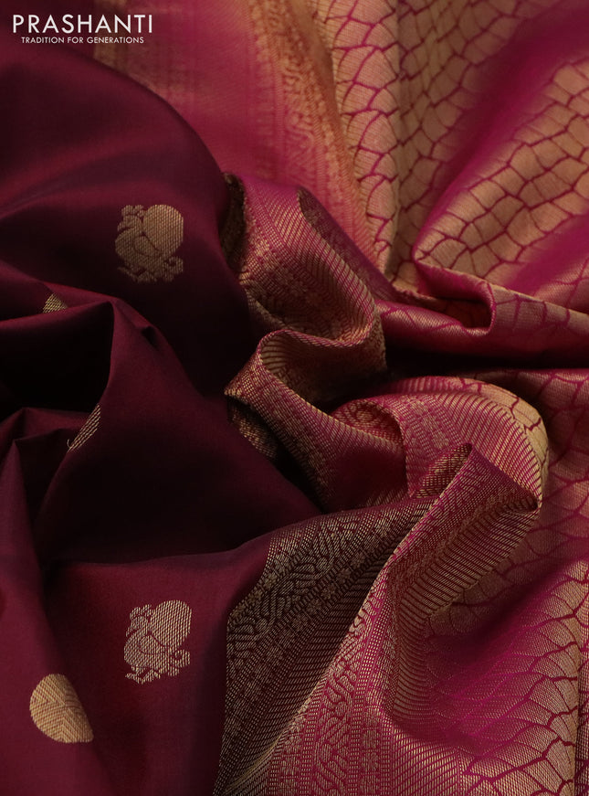 Pure kanchipuram silk saree maroon and pink with zari woven buttas and long rettapet zari woven border