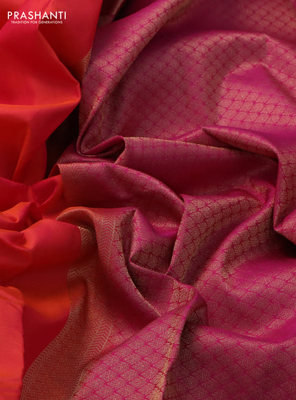 Pure kanchipuram silk saree dual shade of orange and pink with plain body and long temple zari woven border