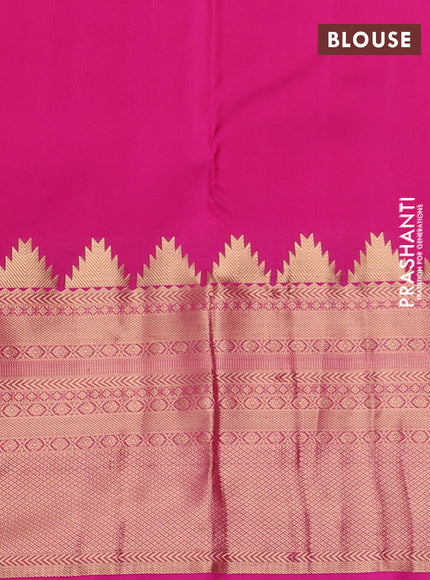 Pure kanchipuram silk saree dual shade of orange and pink with plain body and long temple zari woven border