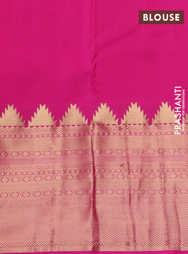 Pure kanchipuram silk saree dual shade of orange and pink with plain body and long temple zari woven border