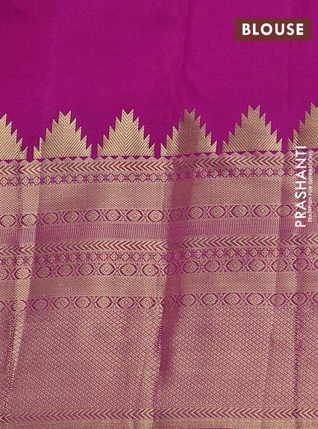 Pure kanchipuram silk saree dual shade of yellowish pink and purple with plain body and long temple zari woven border