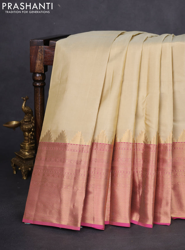 Pure kanchipuram silk saree cream and dual shade of pink with plain body and long temple zari woven border