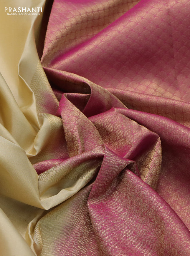 Pure kanchipuram silk saree cream and dual shade of pink with plain body and long temple zari woven border