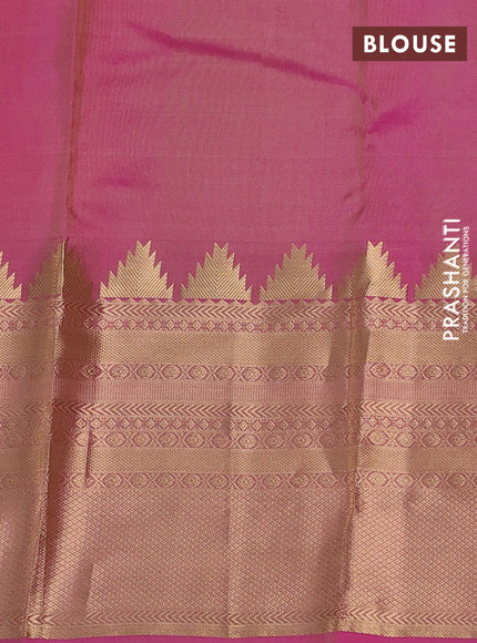 Pure kanchipuram silk saree cream and dual shade of pink with plain body and long temple zari woven border