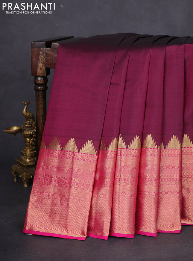 Pure kanchipuram silk saree dark magenta pink and pink with plain body and long temple zari woven border