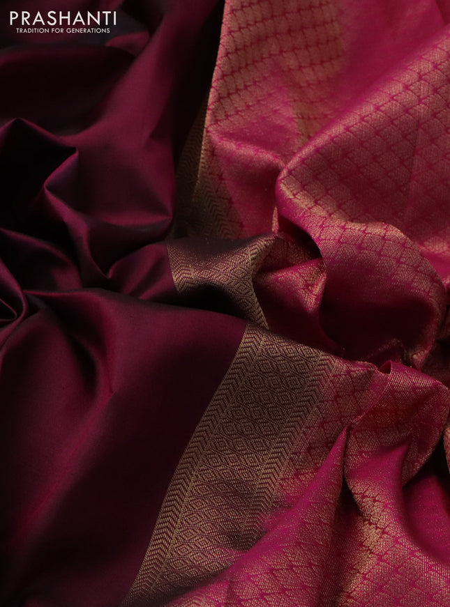 Pure kanchipuram silk saree dark magenta pink and pink with plain body and long temple zari woven border