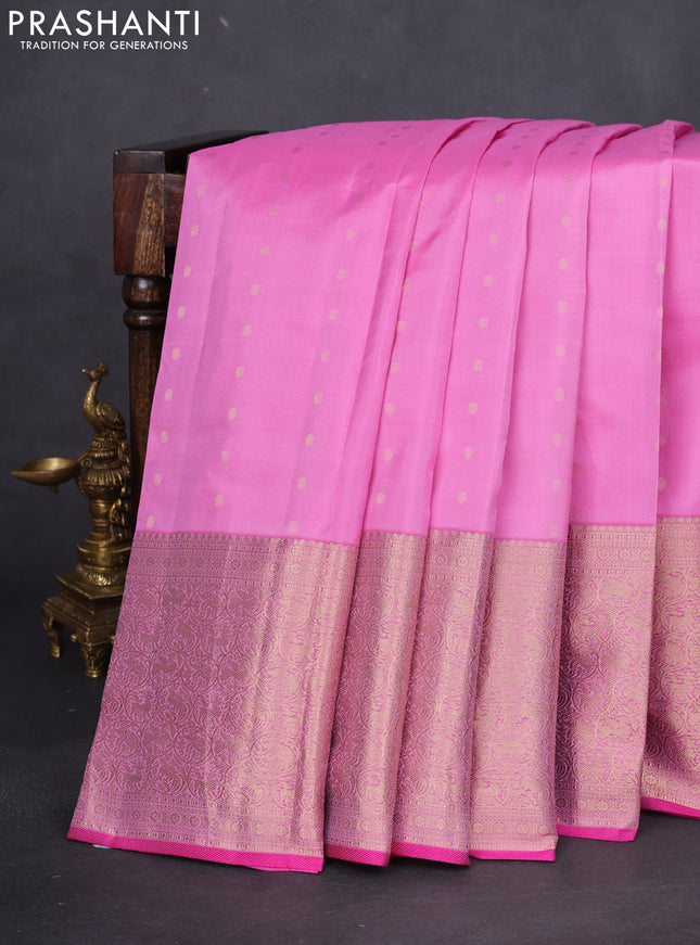 Pure kanchipuram silk saree light pink and pink with allover zari woven 1000 buttas and long rich zari woven border