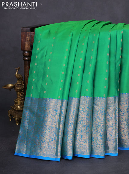 Pure kanchipuram silk saree green and cs blue with allover zari woven 1000 buttas and long rich zari woven border