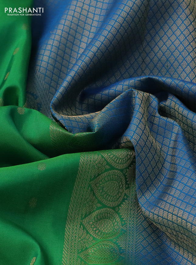 Pure kanchipuram silk saree green and cs blue with allover zari woven 1000 buttas and long rich zari woven border