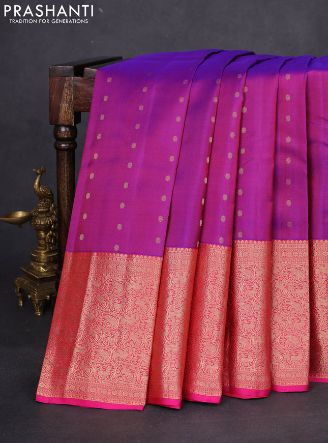 Pure kanchipuram silk saree purple and pink with allover zari woven buttas and long rich zari woven border