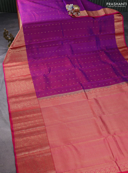 Pure kanchipuram silk saree purple and pink with allover zari woven buttas and long rich zari woven border