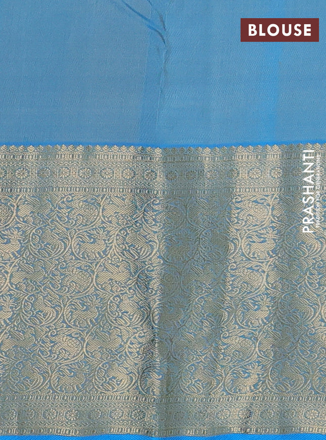 Pure kanchipuram silk saree beige and dual shade of blue with allover zari woven buttas and long rich zari woven border