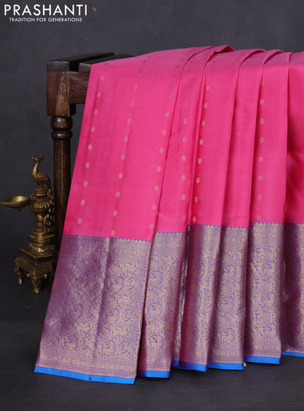 Pure kanchipuram silk saree pink and dual shade of blue with allover zari woven buttas and long rich zari woven border