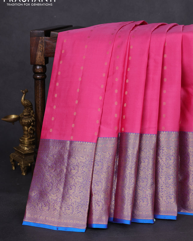 Pure kanchipuram silk saree pink and dual shade of blue with allover zari woven buttas and long rich zari woven border