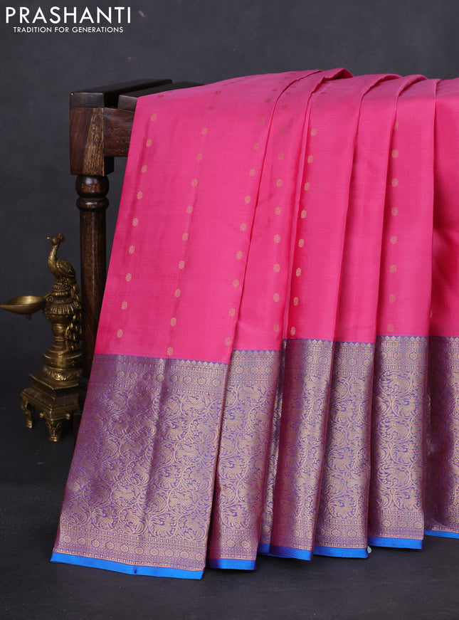 Pure kanchipuram silk saree pink and dual shade of blue with allover zari woven buttas and long rich zari woven border