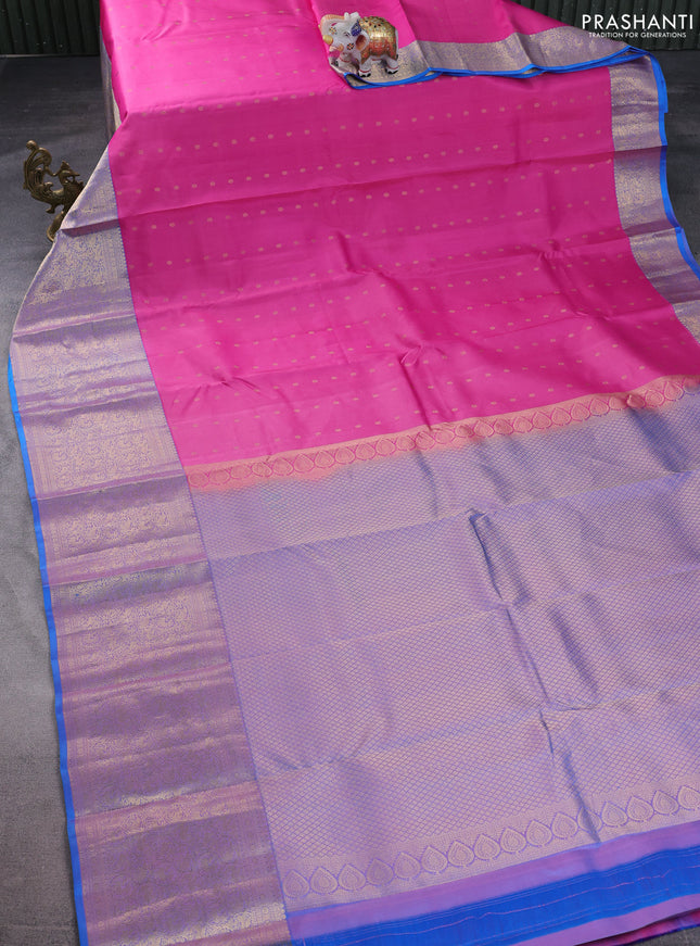 Pure kanchipuram silk saree pink and dual shade of blue with allover zari woven buttas and long rich zari woven border