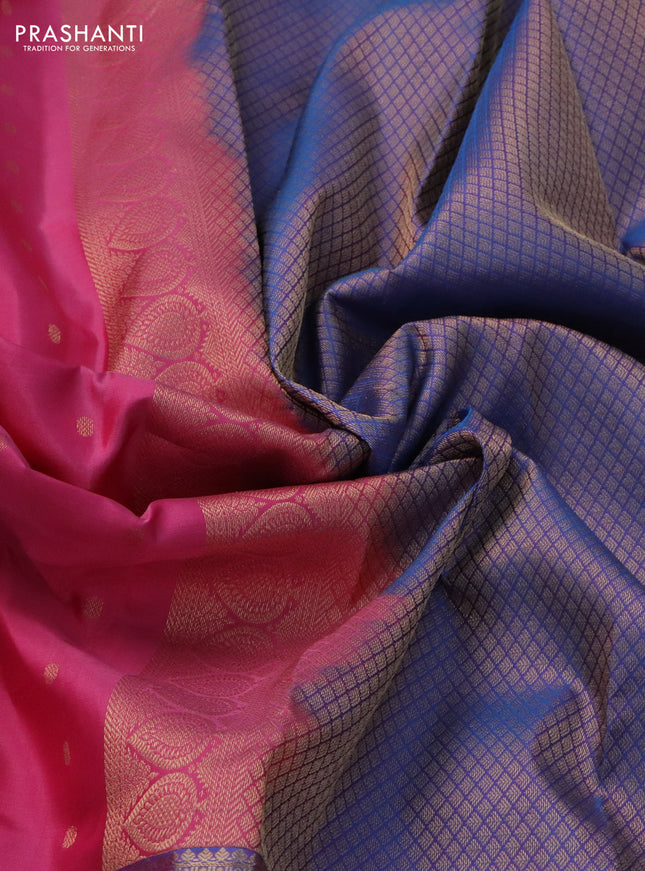 Pure kanchipuram silk saree pink and dual shade of blue with allover zari woven buttas and long rich zari woven border