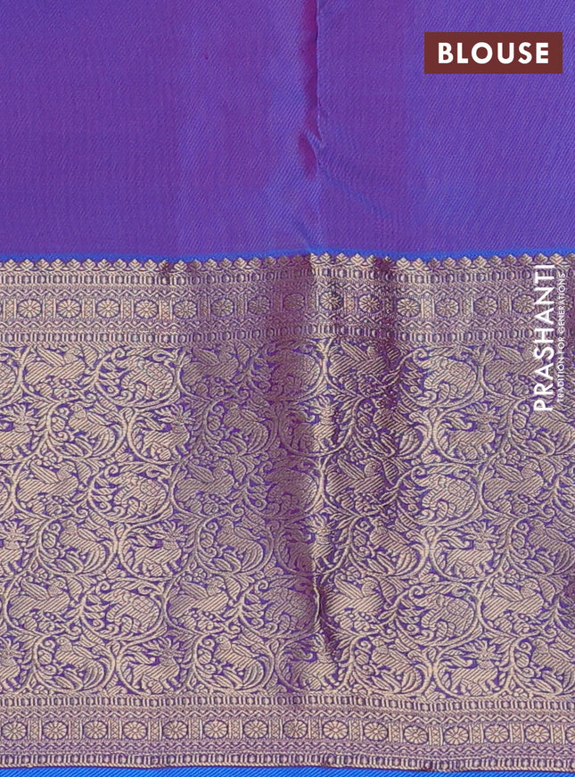 Pure kanchipuram silk saree pink and dual shade of blue with allover zari woven buttas and long rich zari woven border