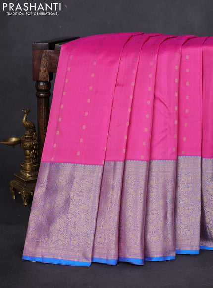 Pure kanchipuram silk saree pink shade and dual shade of blue with allover zari woven buttas and long zari woven korvai border
