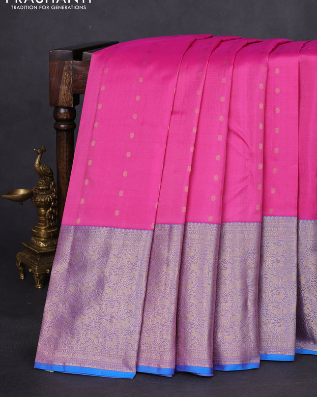 Pure kanchipuram silk saree pink shade and dual shade of blue with allover zari woven buttas and long zari woven korvai border