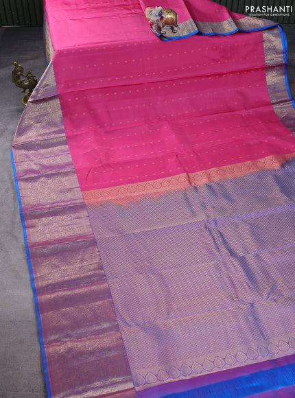 Pure kanchipuram silk saree pink shade and dual shade of blue with allover zari woven buttas and long zari woven korvai border