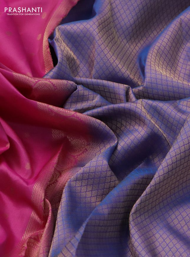 Pure kanchipuram silk saree pink shade and dual shade of blue with allover zari woven buttas and long zari woven korvai border